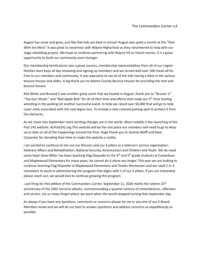 First-page thumbnail of The Commanders Corner — August 31, 2026
